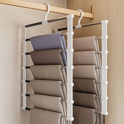 Lot de 2 cintres à pantalons, 6 niveaux, cintres gain de place pour pantalons, cintres multiples, cintres pour vêtements, serviettes, foulards. (1/5)