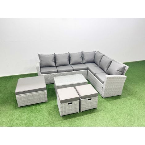 Fimous Garden Outdoor PE Rattan Furniture Set 9 Seater Rattan Garden Sofa Set with Oblong Coffee Table Light Grey Mixed (1/4)
