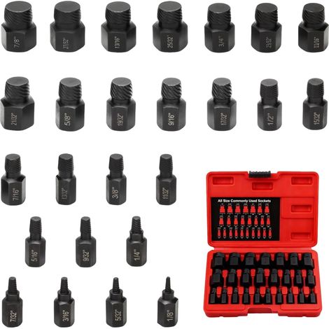 Kit d'extraction d'outils manuels en métal robuste Coffret de 25 douilles pour extraction de boulons Retrait de vis rouillées, arrondies, striées, cassées, goujons (1/5)