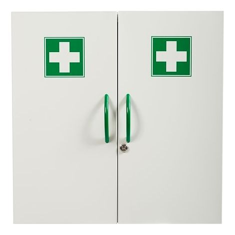 Finish – Armoire à pharmacie 2 portes acier époxy – 5 étagères réglables – Dimensions H 53 x L 53 x P 19,5 cm – Fermeture magnétique et serrure