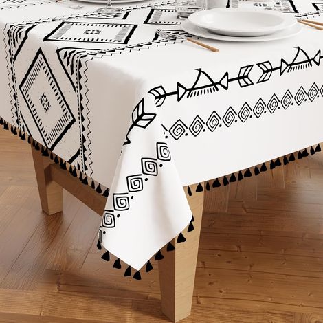 Mantel estampado con pompones, borde bohemio con pompones, lavable a máquina, cocina y exterior, decoración creativa, 100 cm × 140 cm (1/5)