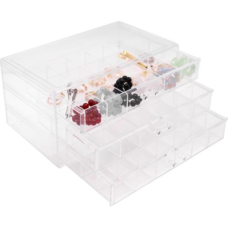 Joyero de acrílico transparente con 3 cajones, para pendientes, anillos o collares.