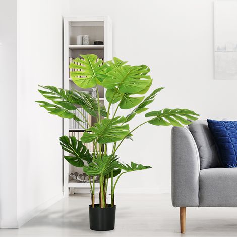 Plante fausse Monstera Deliciosa réaliste avec pot et substrat en ciment, 17,5x17,5x120 cm, vert (1/4)