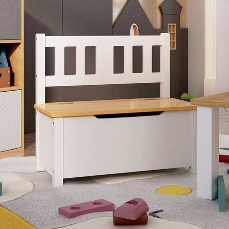 Banc de rangement enfant avec coffre en MDF blanc et beige 60 x 30 x 55 cm - PANGIVO (1/5)