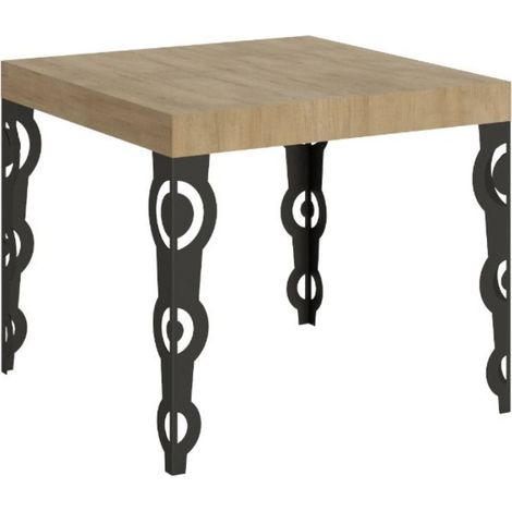 Petite table carrée 90x90 cm extensible 10 personnes 90 à 246 cm bois clair et pieds métal anthracite Kazay (1/5)