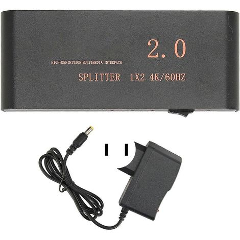 Distributeur d'interface multimédia haute définition 1x2, 1 entrée, 2 sorties, 4K 60Hz, 18,2 Gbit/s Boîtier de distribution d'interface multimédia haute définition 100-240V. (1/5)