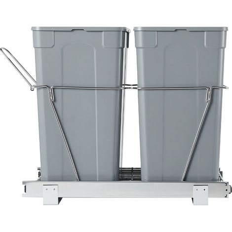 Poubelle coulissante pour placards de cuisine, double bac de recyclage sous évier, conteneur à déchets encastré, avec système coulissant à extension complète en métal robuste et poignée. (1/5)