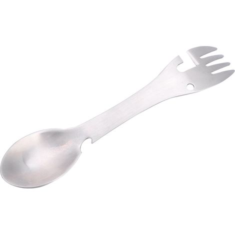 Cuillère multifonction portable 5 en 1 avec fourchette, ouvre-bouteille et coupe-boîtes en dents de scie, idéale pour le camping et les pique-niques. (1/5)