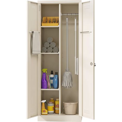 Armoire de rangement en acier pour outils et nettoyage, serrure, étagères réglables, crème - PANGIVO (1/5)