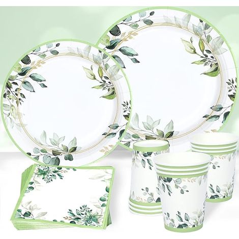 Vaisselle Jetable Anniversaire Vert Assiettes Carton Gobelets Serviettes pour Decoration Garcon Fille Mariage Baby Shower (1/5)