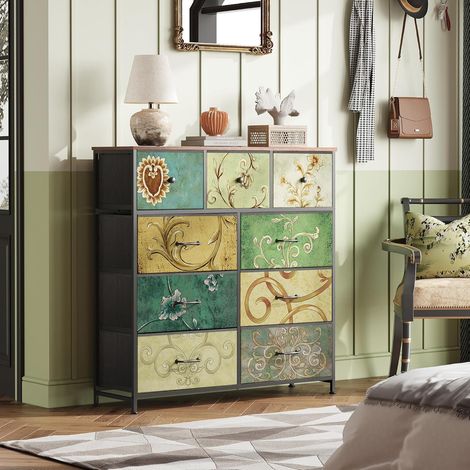 Retro Kommode mit Blumenmuster, 100x30x100 cm, 9 Stoffschubladen, vielseitiger Stauraum für Wohnzimmer, Schlafzimmer - Bunt