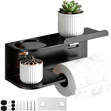 Toilet Paper Holder, Wall-Mounted Toilet Paper Holder with Shelf, No Drilling Required, Self-Adhesive Stainless Steel Toilet Roll Holder for Bathrooms, Freestanding Toilet Paper Holder (1/5)