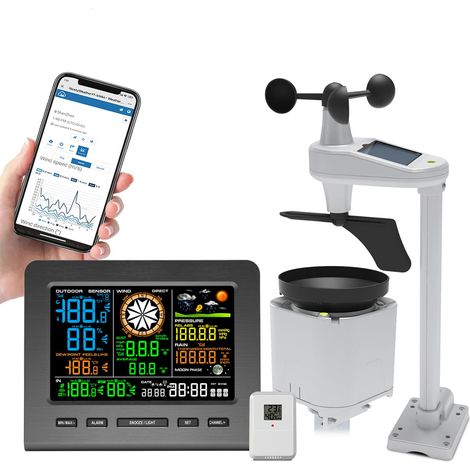Station Météo Intelligente, Portée De Transmission Sans Fil De 330 Pieds, 12 Modes D'alarme, Avec Pluviomètre Et Vitesse Du Vent, Direction, Température Interne Et Externe, Humidité, Pression Atmosphé (1/5)