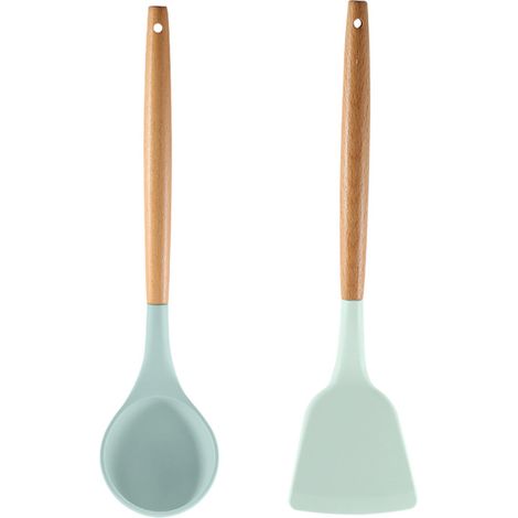 Ensemble Ustensiles Cuisine - Silicone Alimentaire Et Manche En Bois - Résistant 250°C - Pour Casseroles Antiadhésives - Lot De 2 Pièces (1/5)