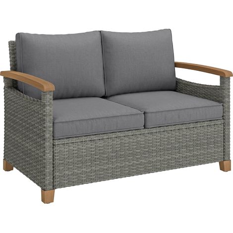 Outsunny 2 Seater Rattan Garden Sofa with Acacia Wood Armrests, Dark Grey