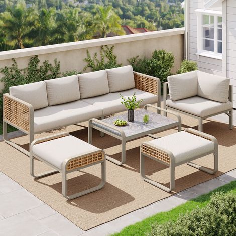 Salon de jardin 6-7 places beige - fer galvanisé - coussins inclus - pieds réglables - avec table basse - jardin et balcon - style moderne