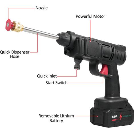 Tragbarer Hochdruckreiniger für zu Hause, 21 V Lithium-Batterie, kabellose Waschmaschine, leistungsstarke Autowäsche, Autowasch-Sprinkler, Reinigungswerkzeuge mit 5 m Wasserschlauch, 2 Batterien