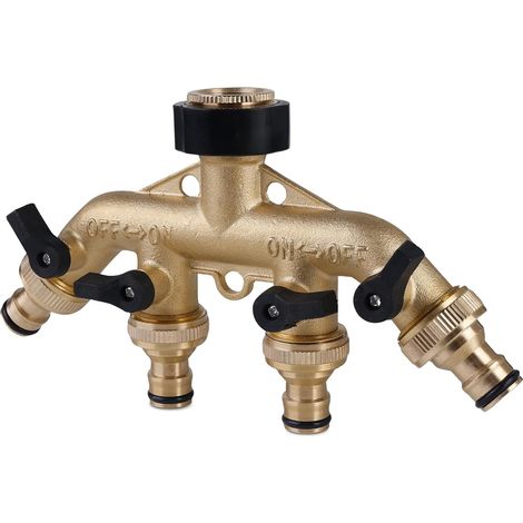 Répartiteur 4 voies en laiton 3/4" Raccord d'eau Distributeur de tuyau d'arrosage Débit d'eau réglable et verrouillable Distributeur d'eau 4 voies pour jardin, irrigation, extérieur