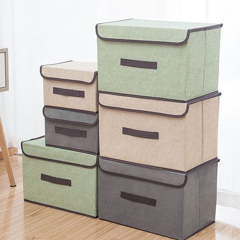 Set mit 6 faltbaren Aufbewahrungsboxen/-taschen aus Stoff mit Deckel, cremeweiß (1/5)