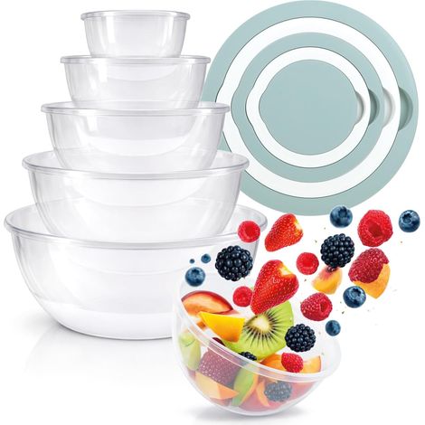 Set de 5 bols avec couvercles, 0,4-4,4L, empilables, plastique sans BPA, compatible lave-vaisselle, cuisine (1/5)