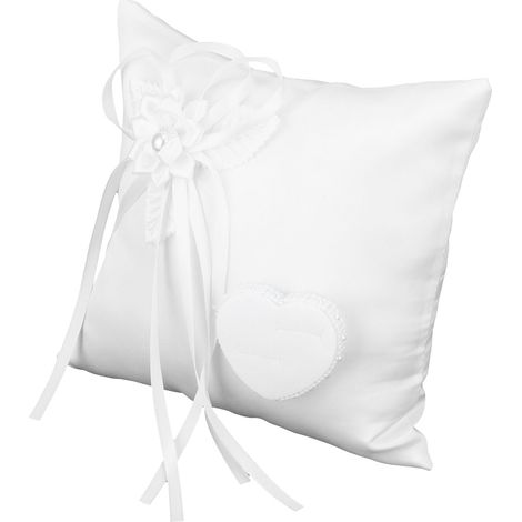 Coussin d'alliances blanc en forme de cœur avec camélia, accessoire de mariage pour une fête ou un mariage. (1/5)