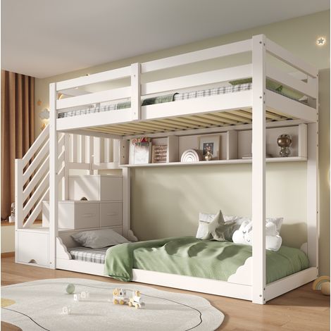 Litera infantil 90 x 200 cm blanca con armario escalera y almacenaje OKMYHOME (1/5)
