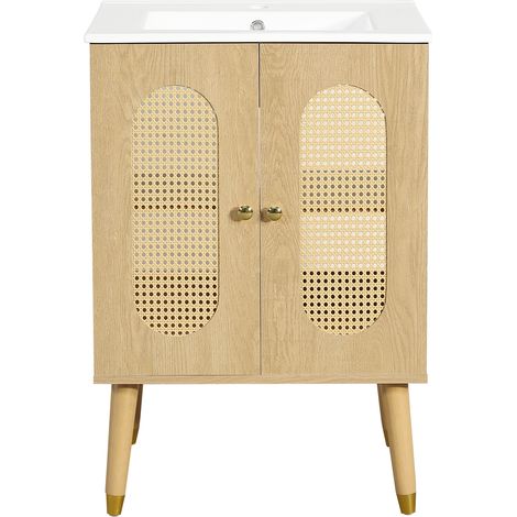 61 cm Badmöbel aus MDF in natürlicher Holzoptik mit Keramikwaschbecken und Rattan-Türen (1/5)