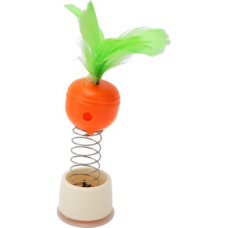 Jouet distributeur de croquettes en forme de carotte avec plume, muni d'une ventouse et d'une base à ressort, idéal pour les chats et les chiens. Ce jouet anti-ennui est doté d'une plume et d'une base (1/5)