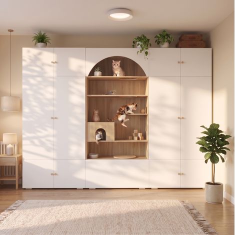 Armadio 3 in 1 con spazio gatto e parete da arrampicata, 270 x 50 x 200 cm, bianco legno (1/5)