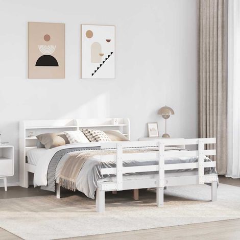 Cadre de lit 120x190cm blanc en bois de pin avec tête de lit incluse et étagères de rangement (1/4)