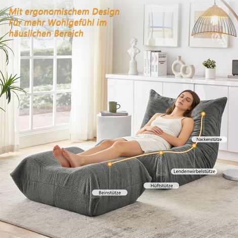Canapé relax avec dossier et repose-pieds, fauteuil moelleux en fausse fourrure teddy, sac de sol confortable pour salon, chambre, bureau, appartement, gris (1/5)