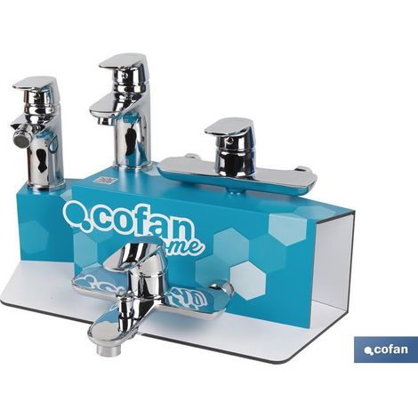 COFAN kit de grifería + expositor modelo rift , Kit expositor o soporte para grifería fabricado en PVC (palboard) de la marca Cofan home. Con capacidad para 5 unidades de grifería: