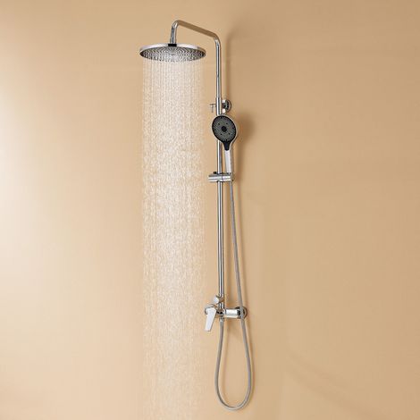 Colonne de Douche, Auralum Colonne de Douche avec Mitigeur Thermostatique, Mitigeur Douche avec Douche de Tête et Pommeau à Main 3 Jets, Chrome (1/10)