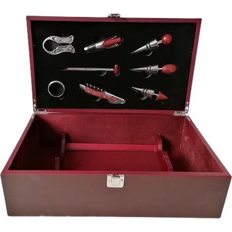 Cassetta in legno per 2 bottiglie vino accessori sommelier degustazione apribottiglie salvagoccia versatore termometro cavatappo (1/5)