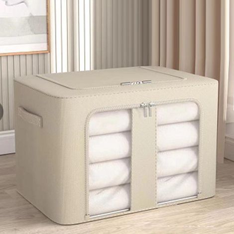 Boîte de rangement pliable et empilable en tissu Oxford, organisateur de placard, bac de rangement pour vêtements avec fenêtre transparente et poignée de transport, couleur crème et jaune. (1/5)