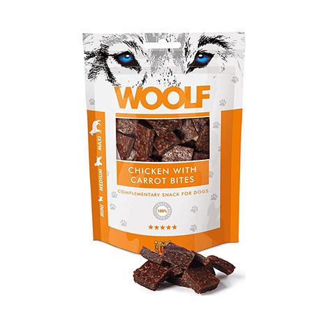 Woolf Bites Snack per cani al pollo e carota, taglie mini, medie e maxi, 100 g