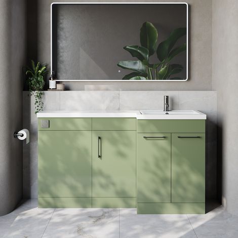 Napoli 390 Olive Green 1500mm 3 Door Vanity Unit Toilet Suite with Right Hand Square Lucia Basin - 1500mm - Gunmetal Grey 160mm HandleWithout Kingston Toilet Pan