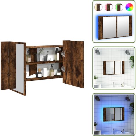 The Living Store Armadietto a Specchio con LED Rovere Fumo 80x12x45cm Acrilico - Armadietto con luce RGB