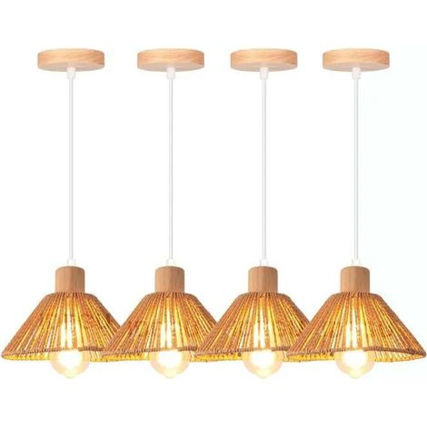 4pcs Suspension Luminaire Industriel,22cm Lampe de Plafond en  Rotin et Bois Vintage E27 Lustre Style Rétro pour Salon (1/5)