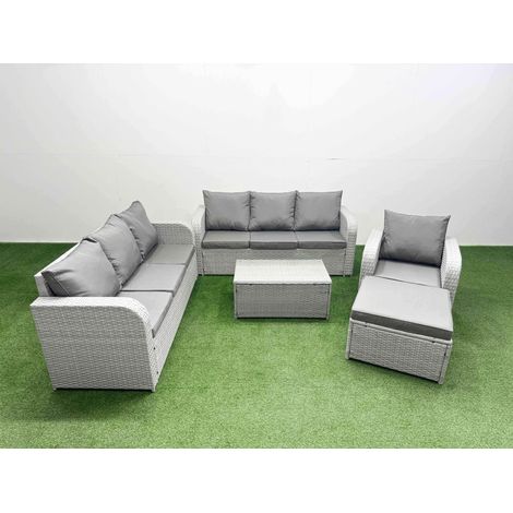 Fimous 8 Seater Poly Rattan Outdoor Garden Furniture Sofa Set Patio 3 Seater Sofa Reclining Chair 3 Seater Sofa Big Footstool Light Grey (1/4)