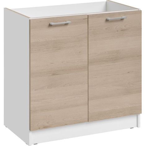 Cuisineandcie – Meuble sous-évier chêne naturel 2 portes L 80 cm – Amortisseurs pour fermeture douce – Espace de rangement optimisé – Dissimule robinetterie