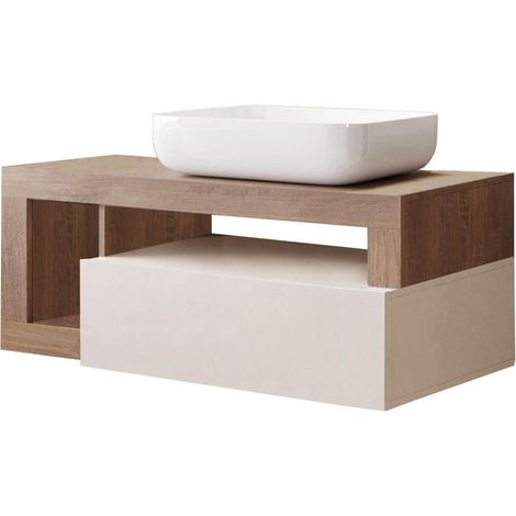 ARTURO - Meuble Vasque 110cm suspendu 1 tiroirs beige laqué et aspect bois finition Mercure (1/5)
