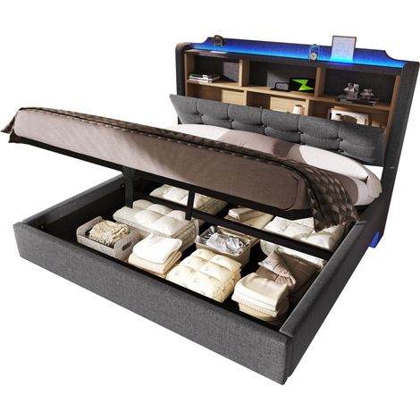 Lit rembourré 140 × 200 cm avec bande LED, rangement hydraulique, compartiments de rangement, design flottant, matelas non inclus, ports USB et Type-C, tissu en lin, gris (1/5)