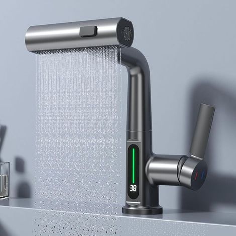 Badarmatur mit LED-Temperaturanzeige, ausziehbare Duscharmatur, Wasserfallarmatur, Badmischbatterie