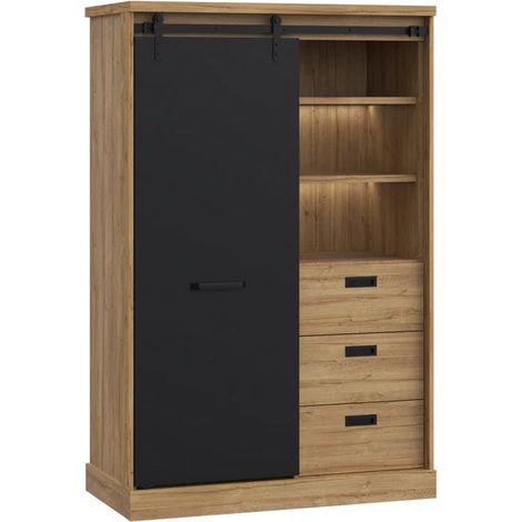 Buffet haut 1 porte coulissante et 3 tiroirs décor chêne noir – Éclairage LED intégré – Style industriel – Dimensions 103,4x160,2x52 cm – Meubletmoi (1/5)