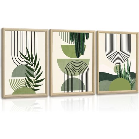 3Pcs Vert Sauge Boho Géométrique Lignes Tableau Decoration Murale Encadre Minimaliste Lignes Plantes Impression Sur Toile Esthétique Botanique Affiche Peinture Décor Mural pour Salon Chambre 30X40cmX3 (1/5)