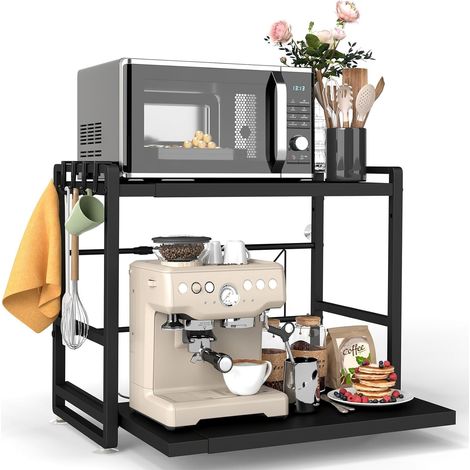 Étagère pour four à micro-ondes à 2 étages - Hauteur réglable et extensible pour cuisine avec tiroir - Acier au carbone - Comprend crochets et ventouses de renforcement - Facile à assembler (1/5)