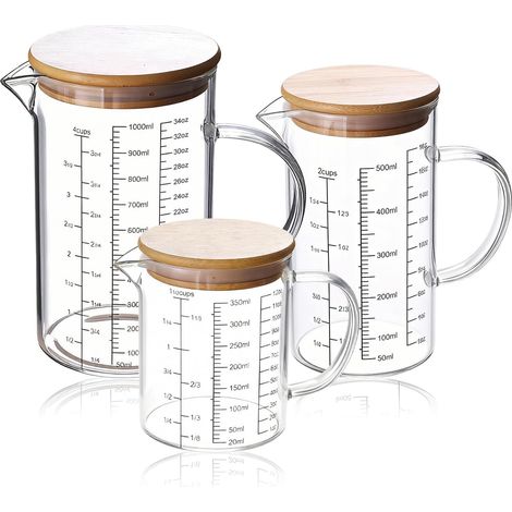Verre Doseur en Verre Set 3 Pièces, Gradué avec Couvercle et Poignée, 350ml 500ml 1000ml Doseur Cuisine, avec Échelle Précise pour Cuisine et Pâtisserie (1/5)