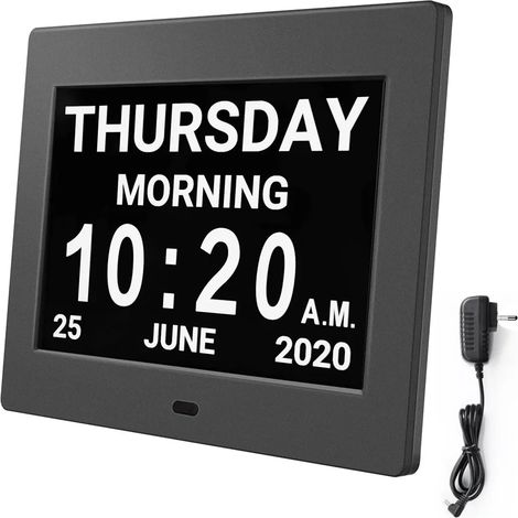 Reloj digital de 8 pulgadas con calendario y función de foto para personas mayores: reloj digital, despertador y calendario para personas mayores y personas con demencia (por ejemplo, Alzheimer) con f