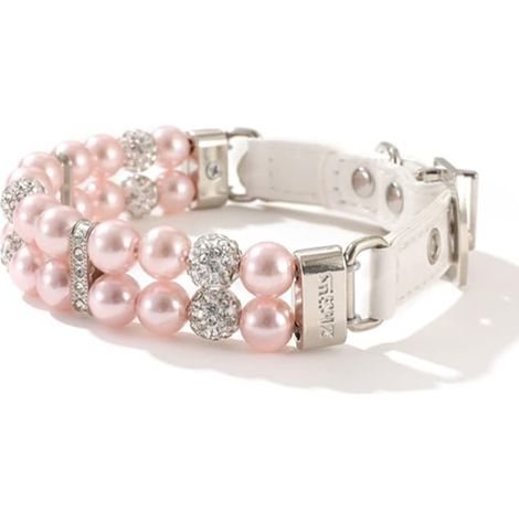 Collier pour animal de compagnie avec perles, collier tendance en similicuir avec strass, collier réglable en cuir PU, taille : 1,5 x 38 cm (L rose) (1/5)